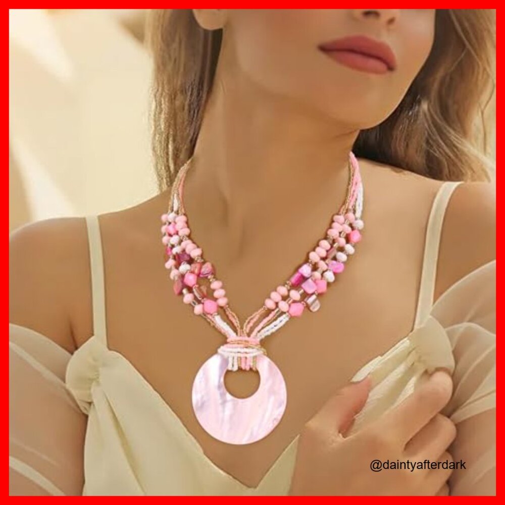 Shell Pendant Statement Strand Necklace With Natu… - image 3